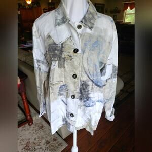 Chico's 2 (12 L) tan‎ grey and blue long sleeve jacket